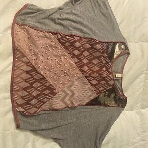 Blouse with velour , sheer, metallic sequins and blush detail